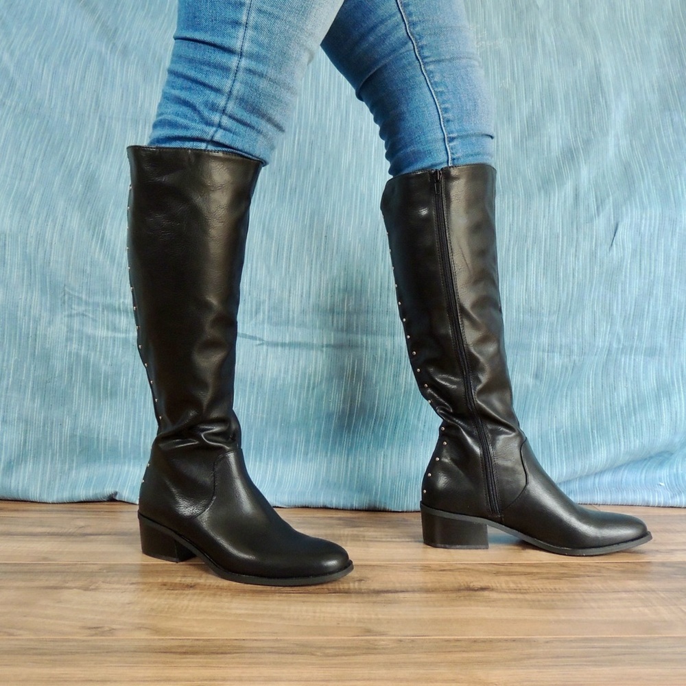 Black Faux Fur Low Heel Boots with Full Side Zip - Picture 7 of 11